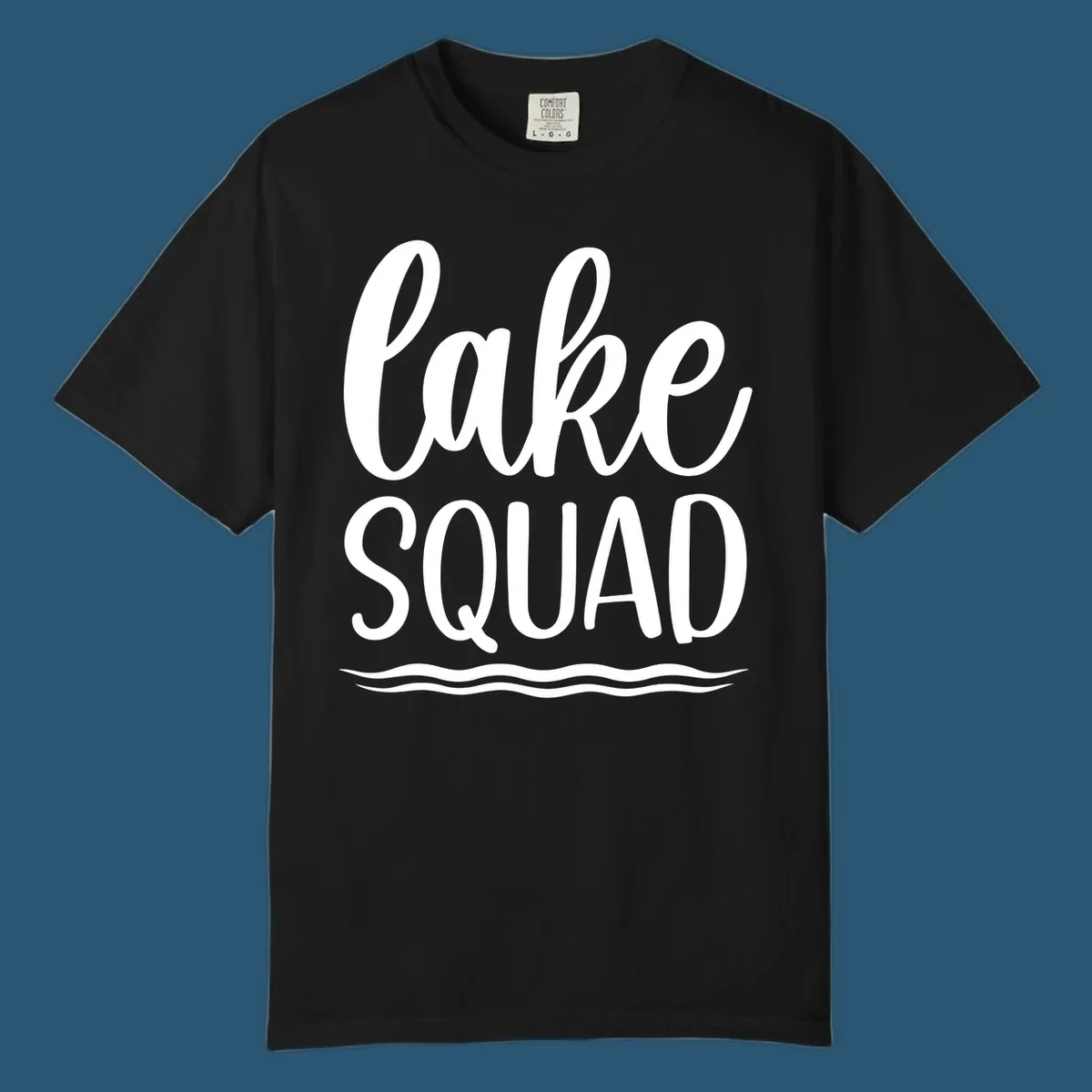 Lake Squad typography design with wavy lines graphic.
