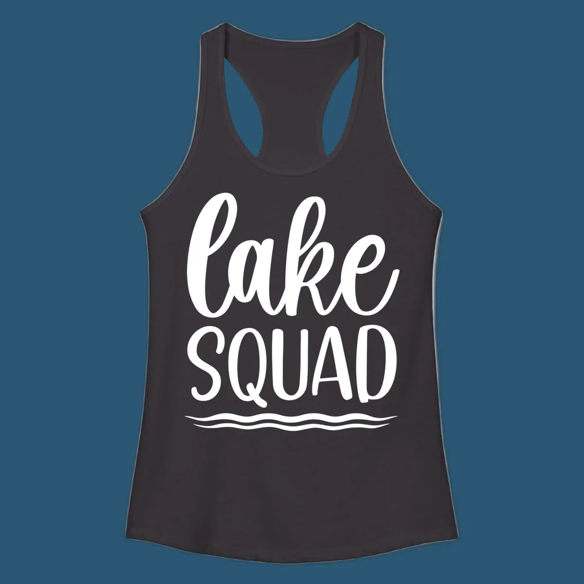 Lake Squad typography design with wavy lines graphic.