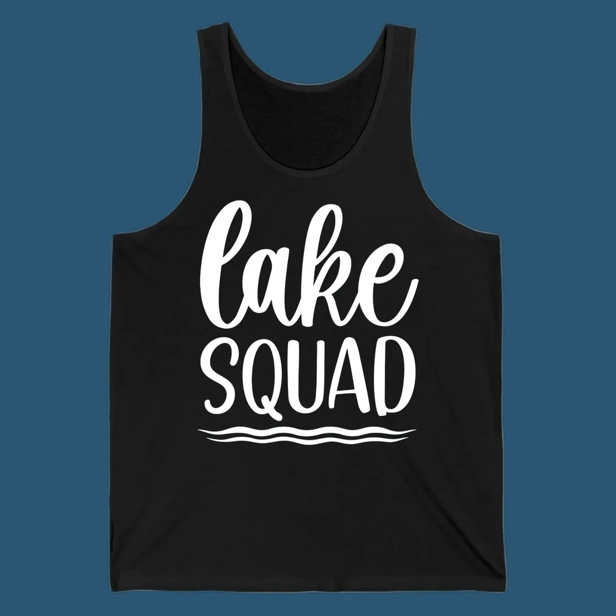 Lake Squad typography design with wavy lines graphic.