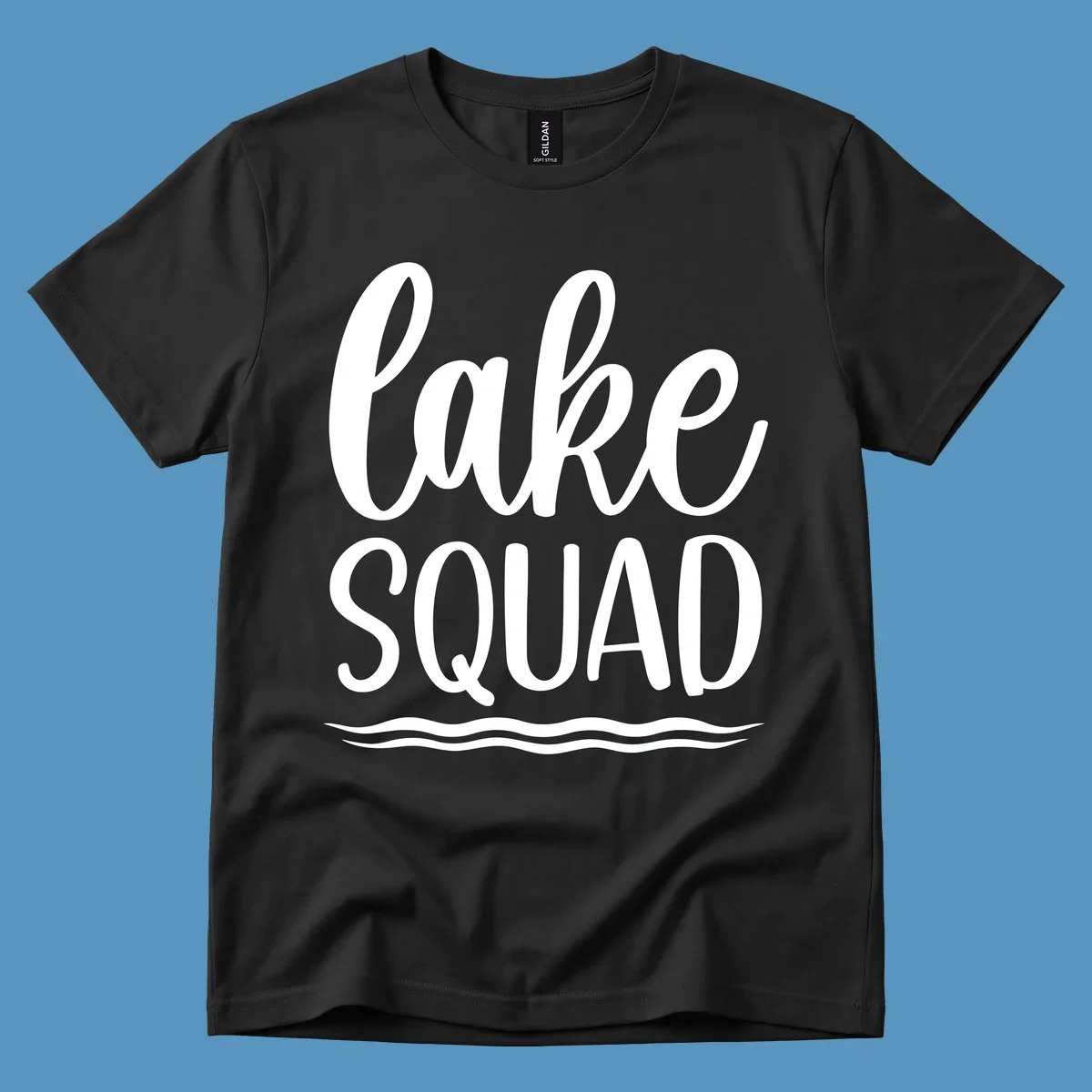 Lake Squad typography design with wavy lines graphic.