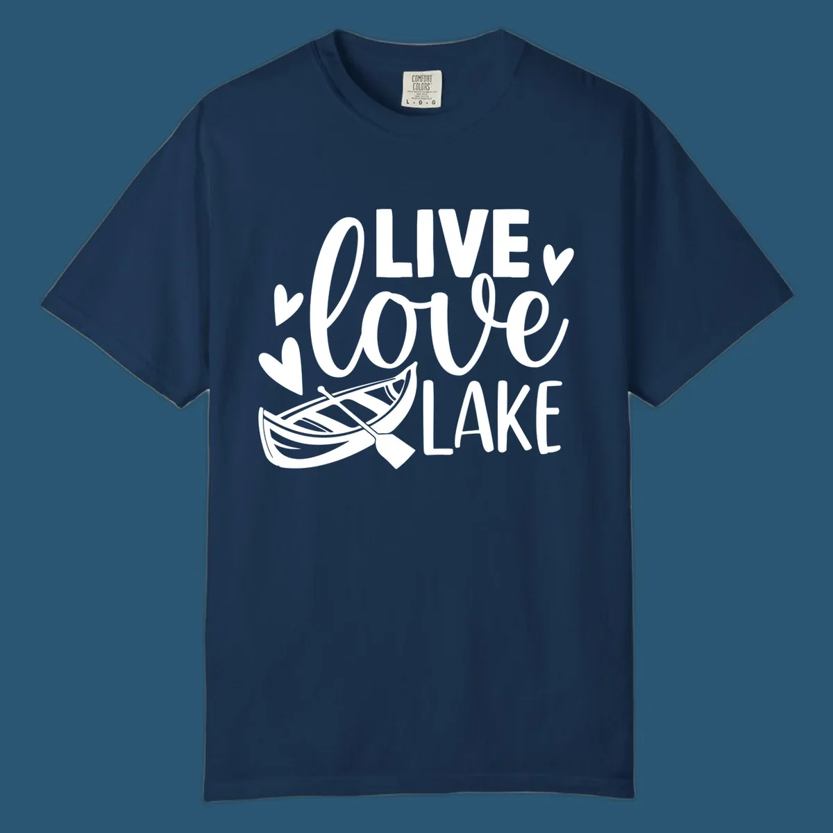Live love lake text with boat and hearts graphic
