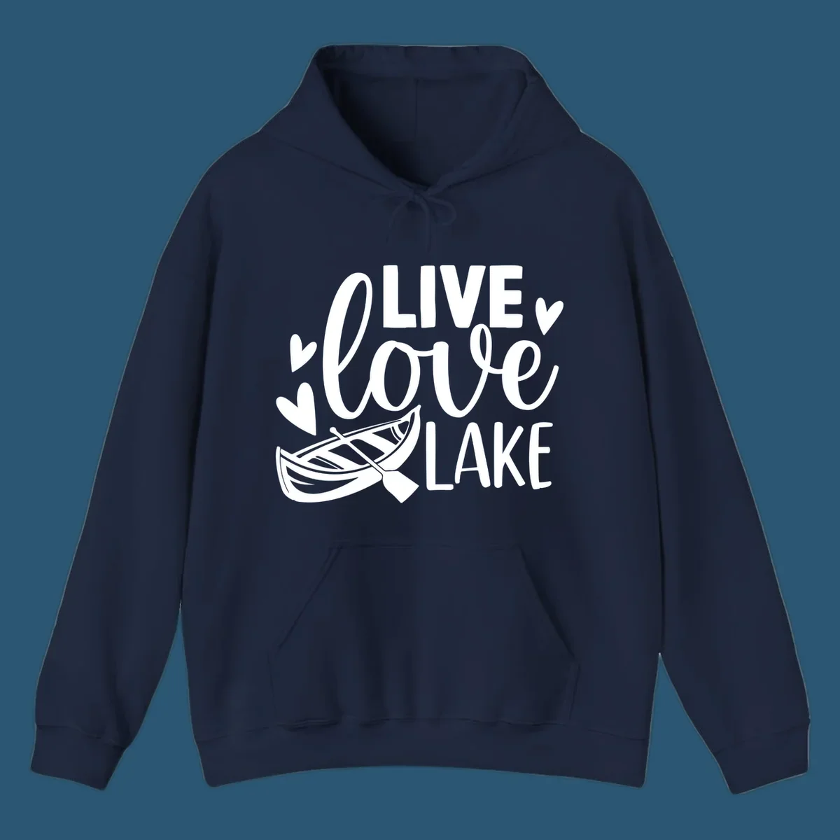 Live love lake text with boat and hearts graphic