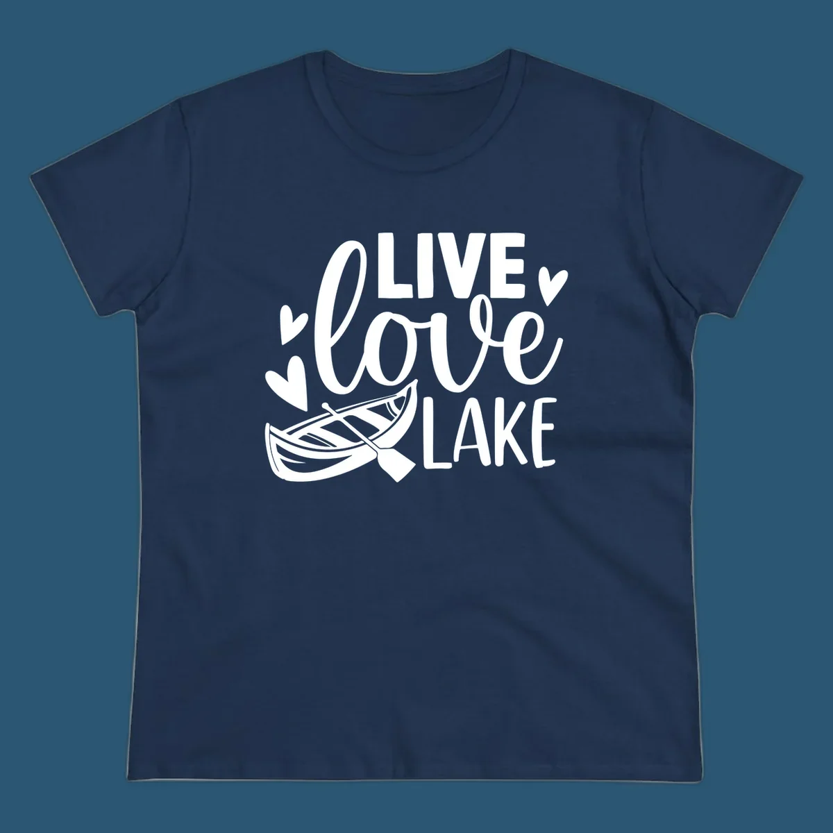 Live love lake text with boat and hearts graphic