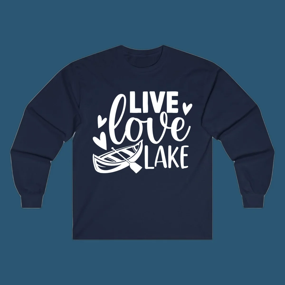 Live love lake text with boat and hearts graphic