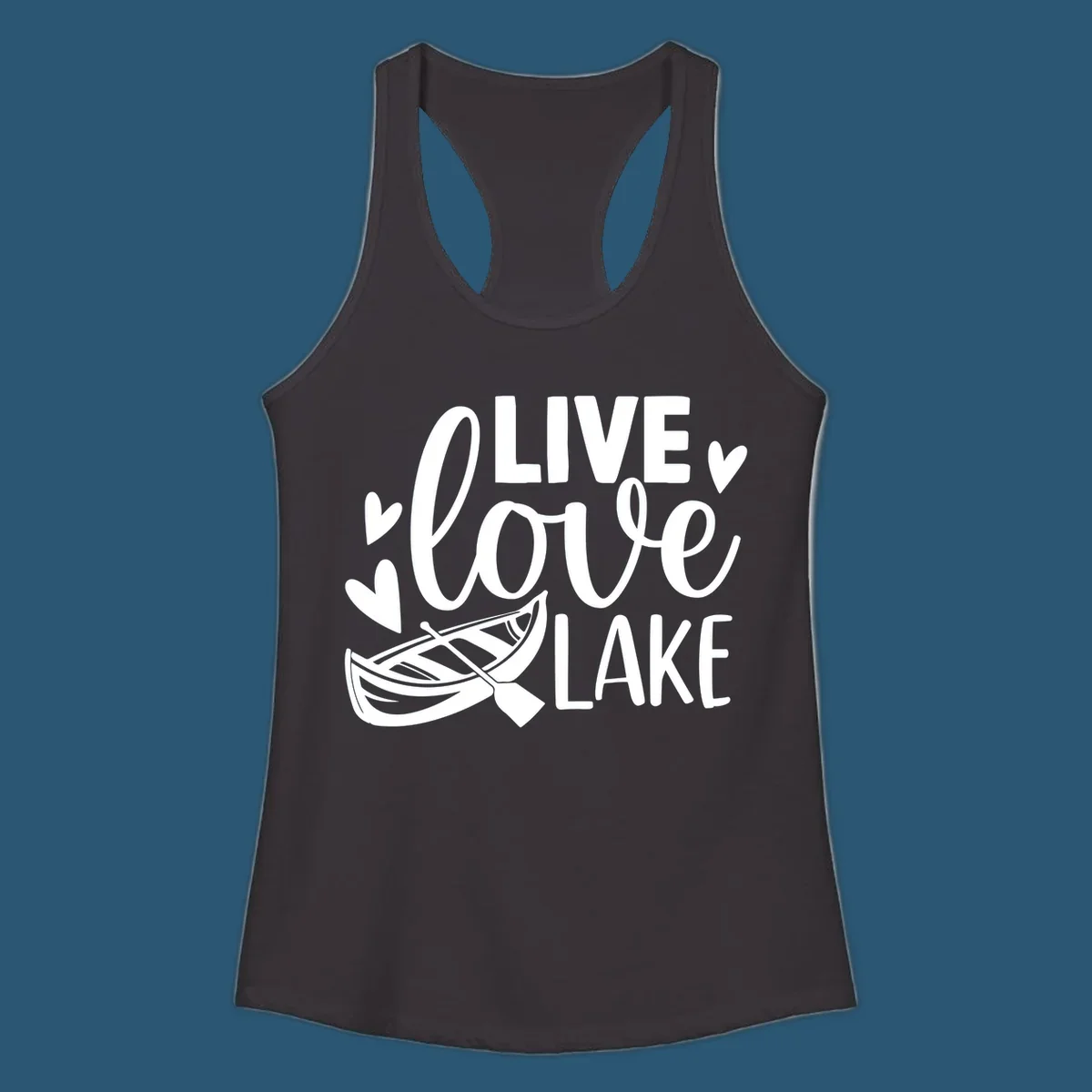 Live love lake text with boat and hearts graphic