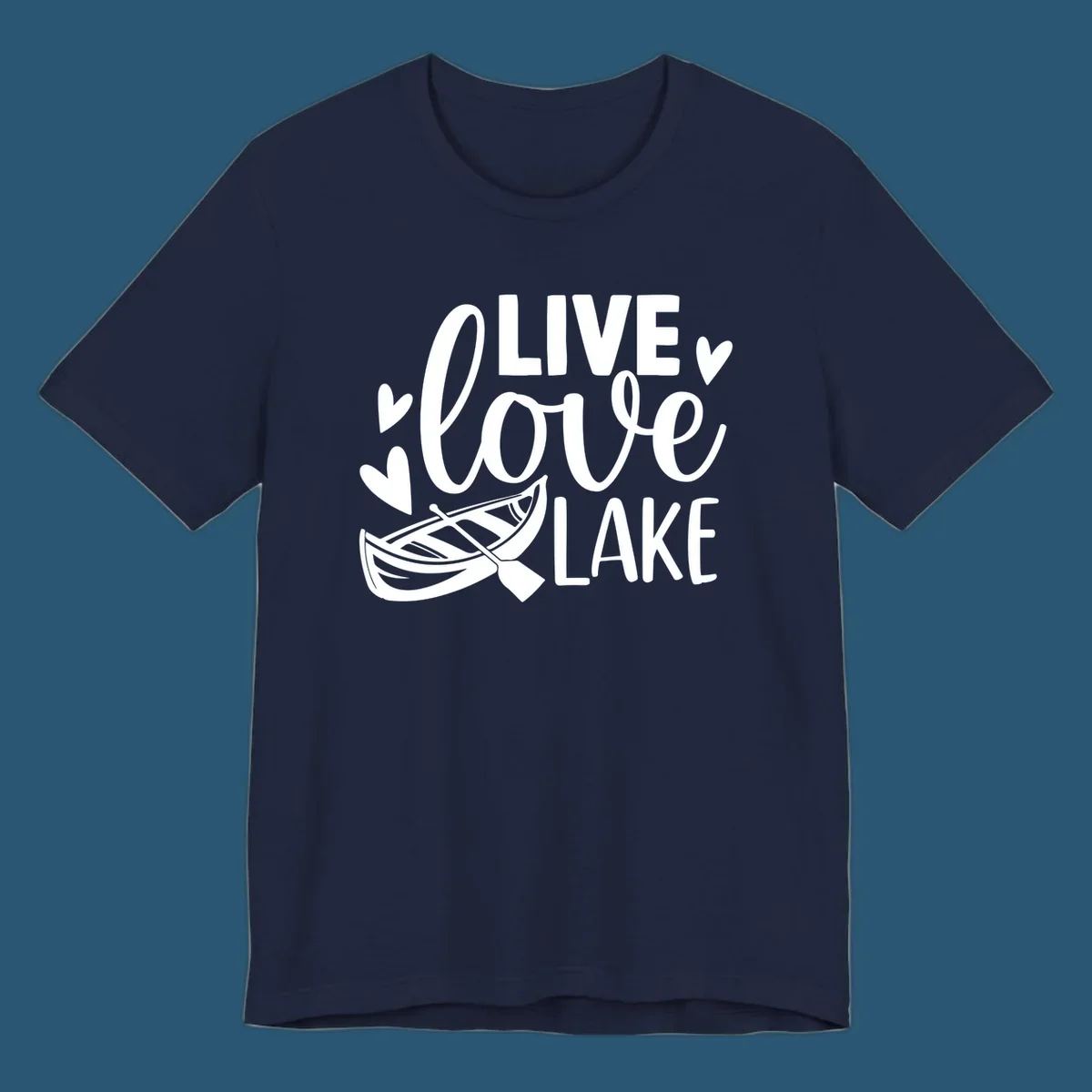 Live love lake text with boat and hearts graphic