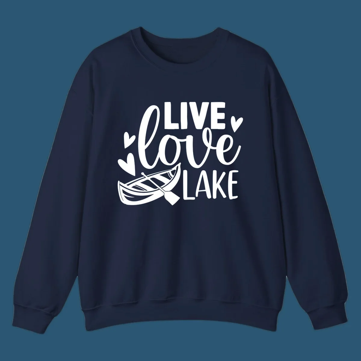 Live love lake text with boat and hearts graphic