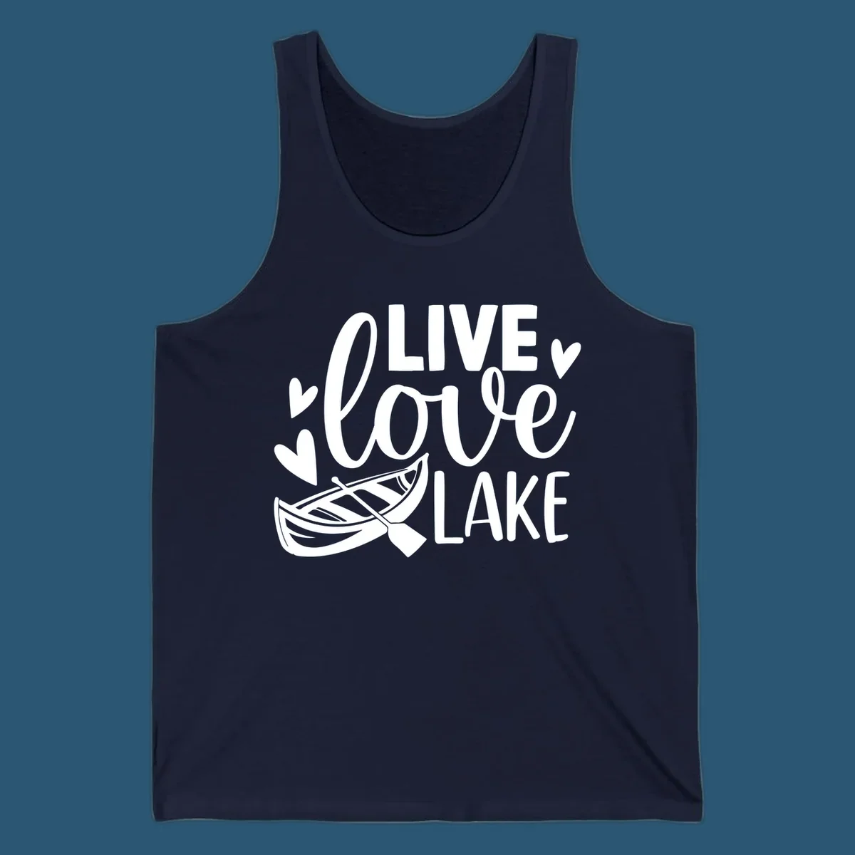 Live love lake text with boat and hearts graphic