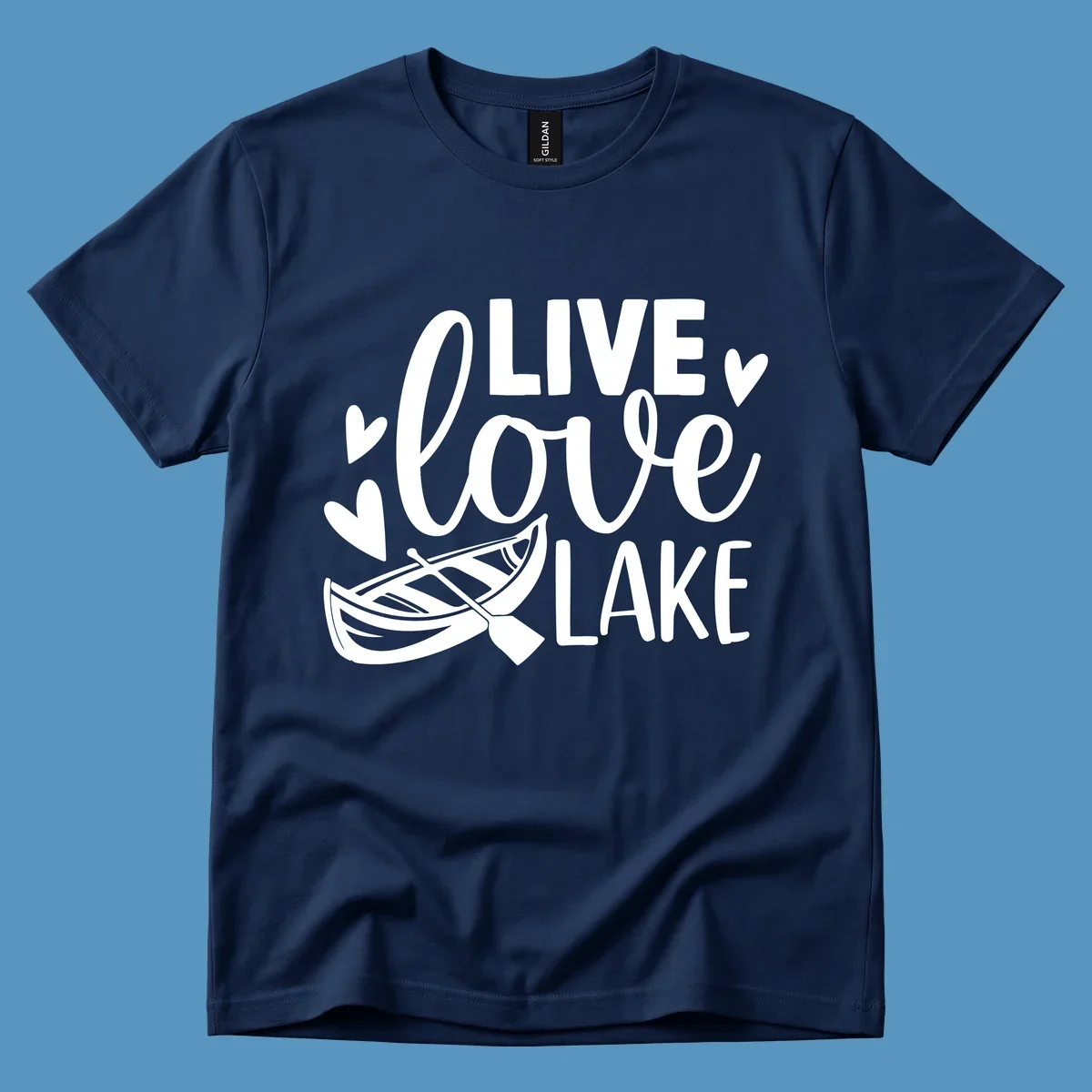 Live love lake text with boat and hearts graphic