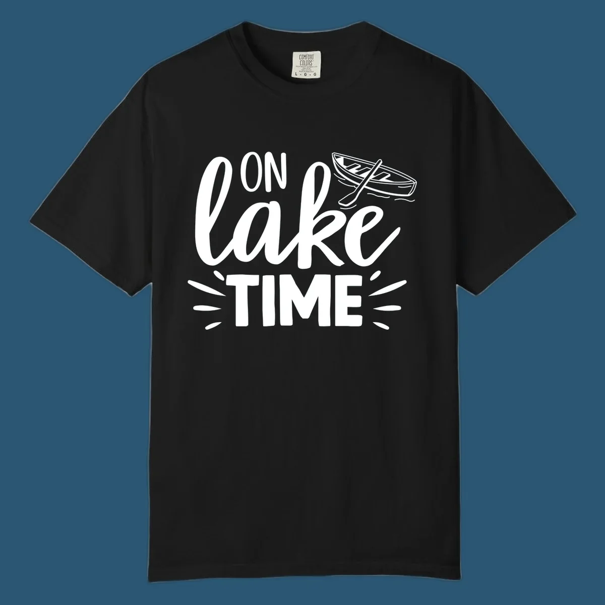 On lake time boat graphic with text and illustration, lake life concept.