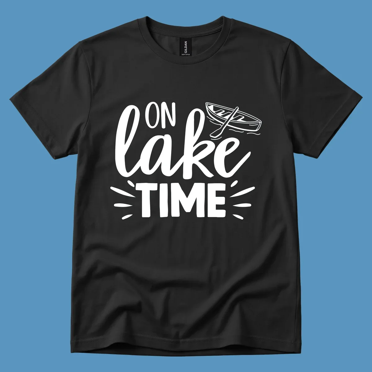 On lake time boat graphic with text and illustration, lake life concept.