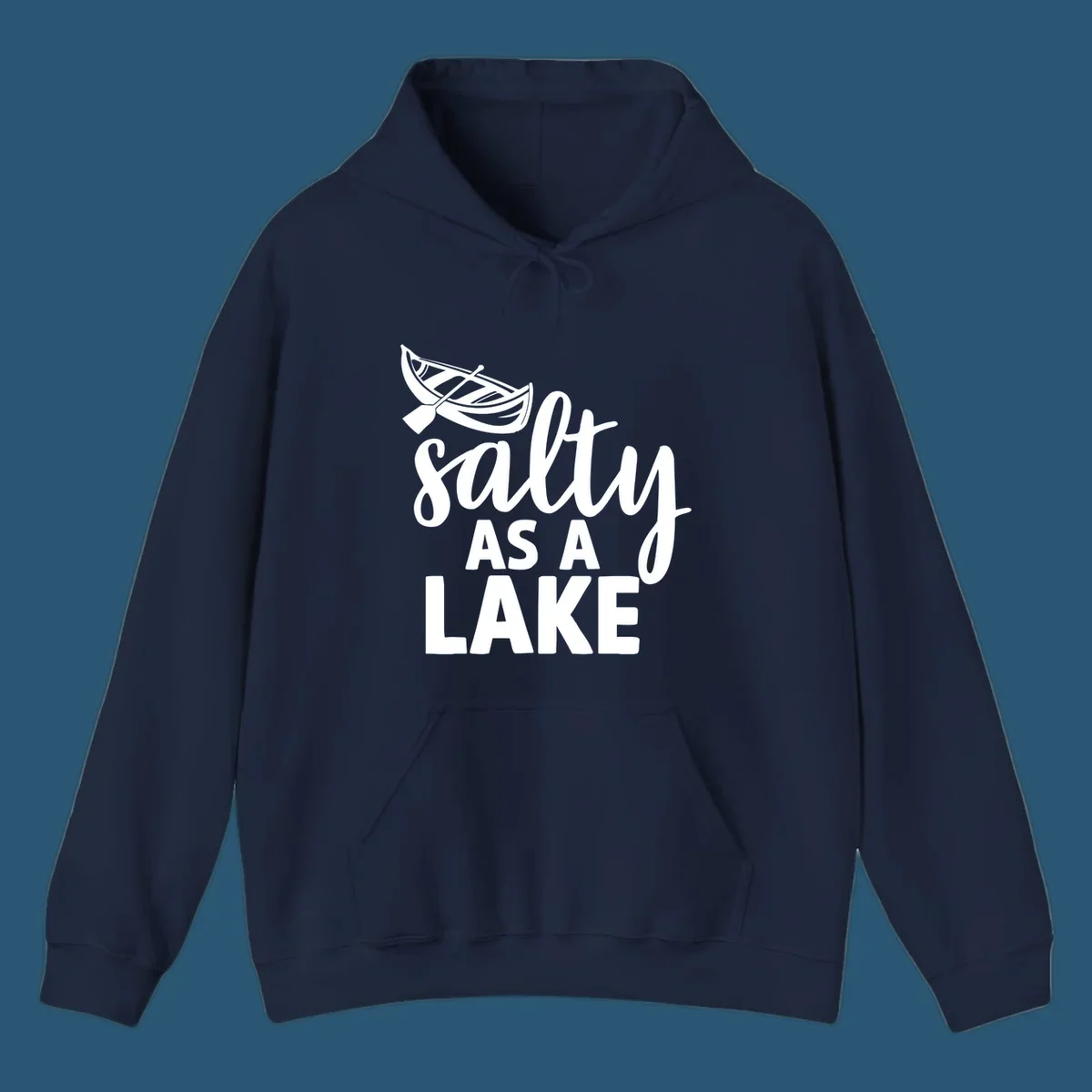 Salty As A Lake typography with canoe illustration.