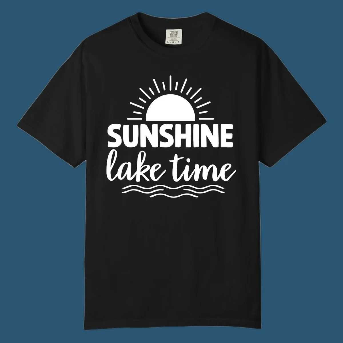 Sunshine lake time graphic with sun, rays, and wavy water.