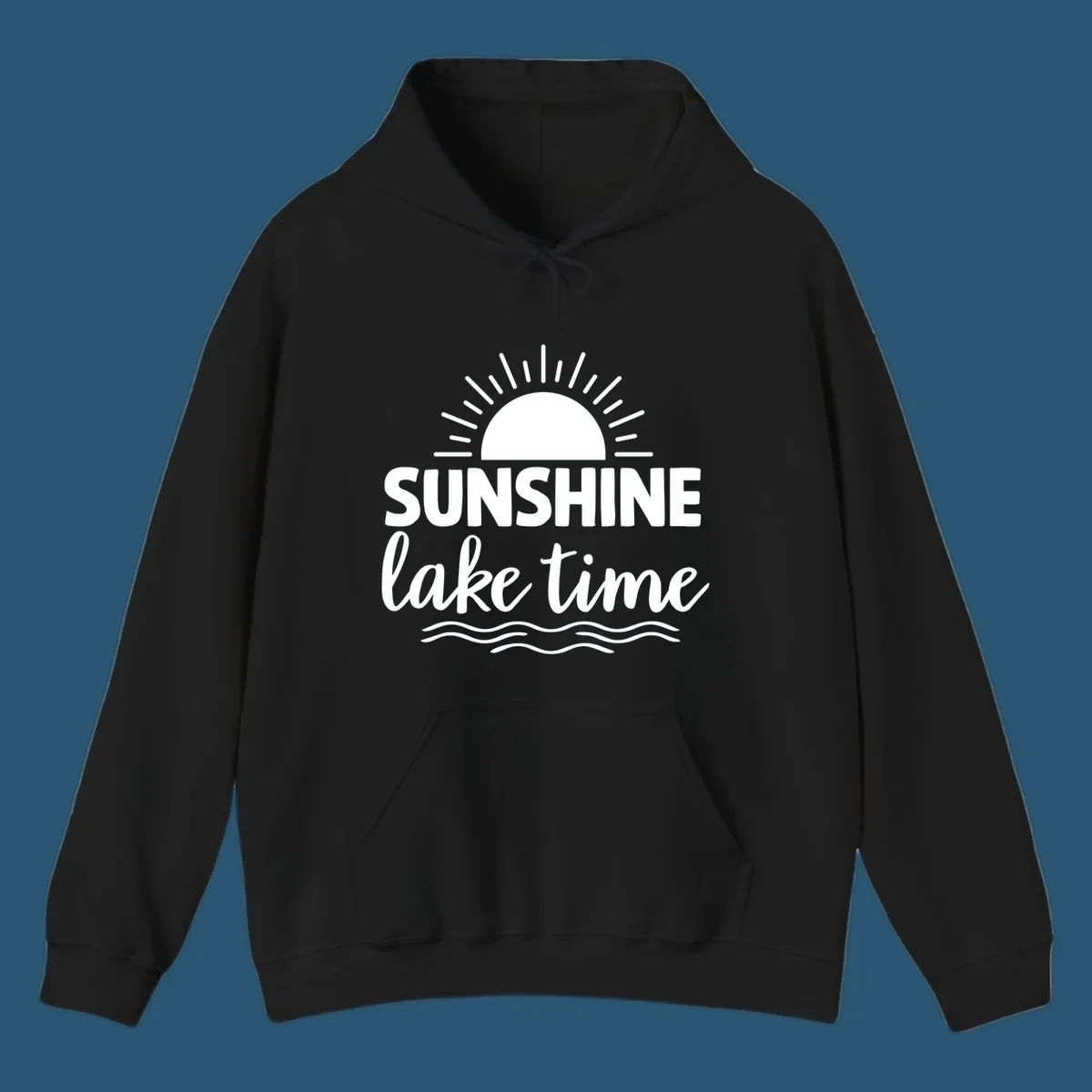 Sunshine lake time graphic with sun, rays, and wavy water.