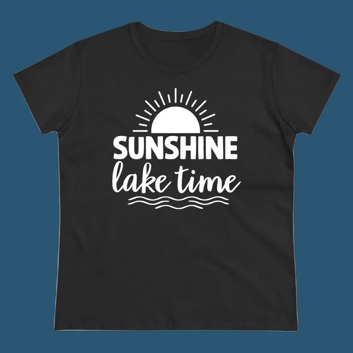Sunshine lake time graphic with sun, rays, and wavy water.
