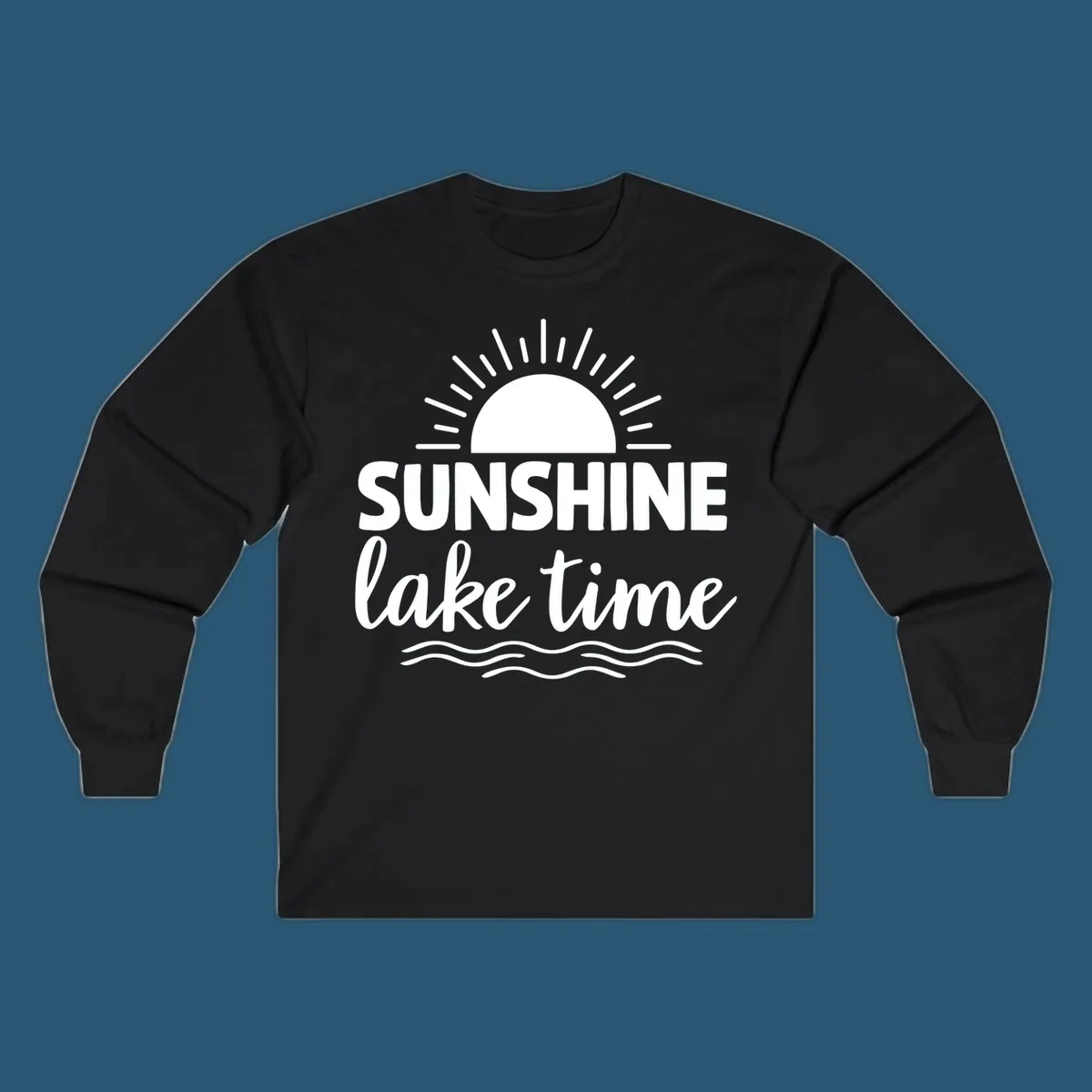 Sunshine lake time graphic with sun, rays, and wavy water.