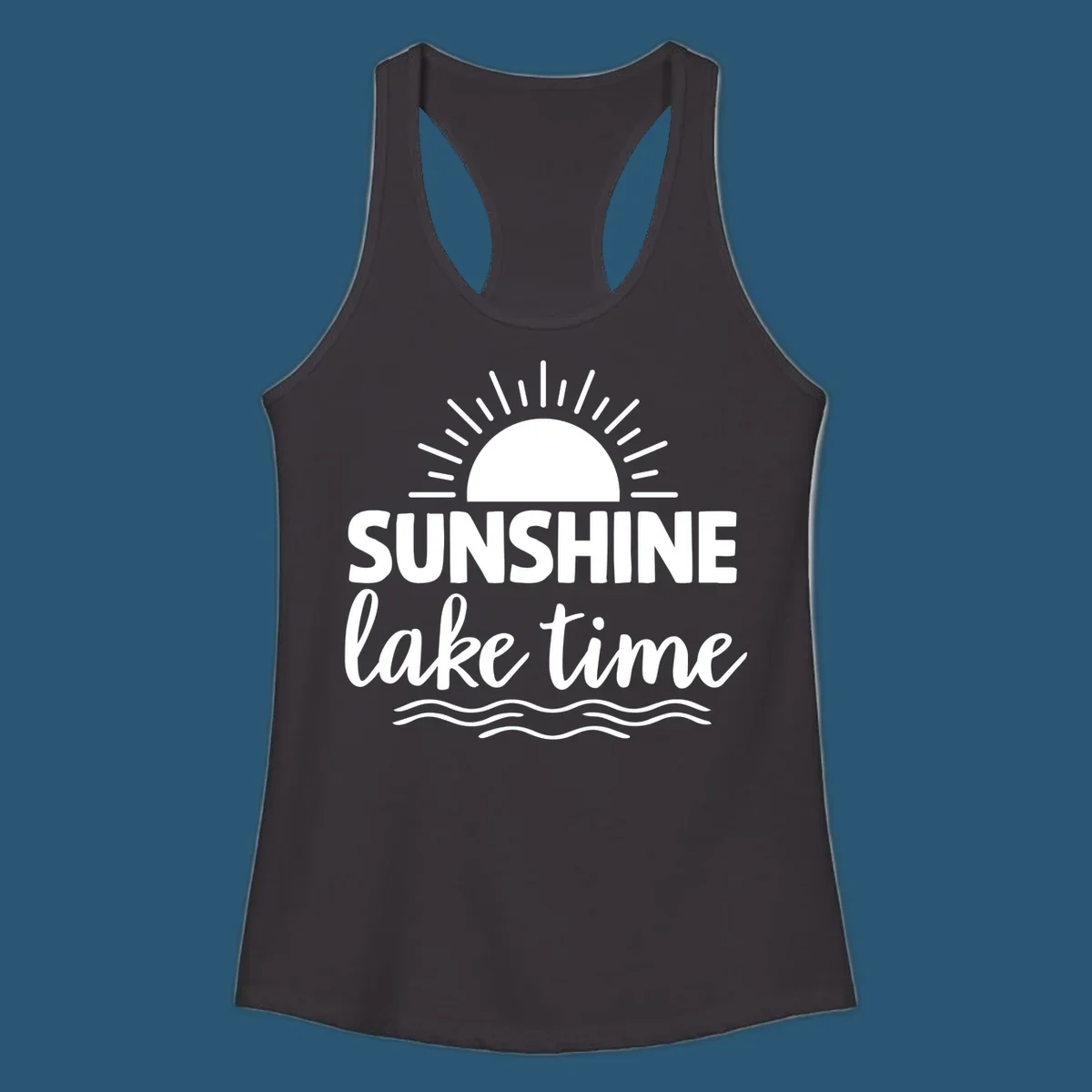 Sunshine lake time graphic with sun, rays, and wavy water.