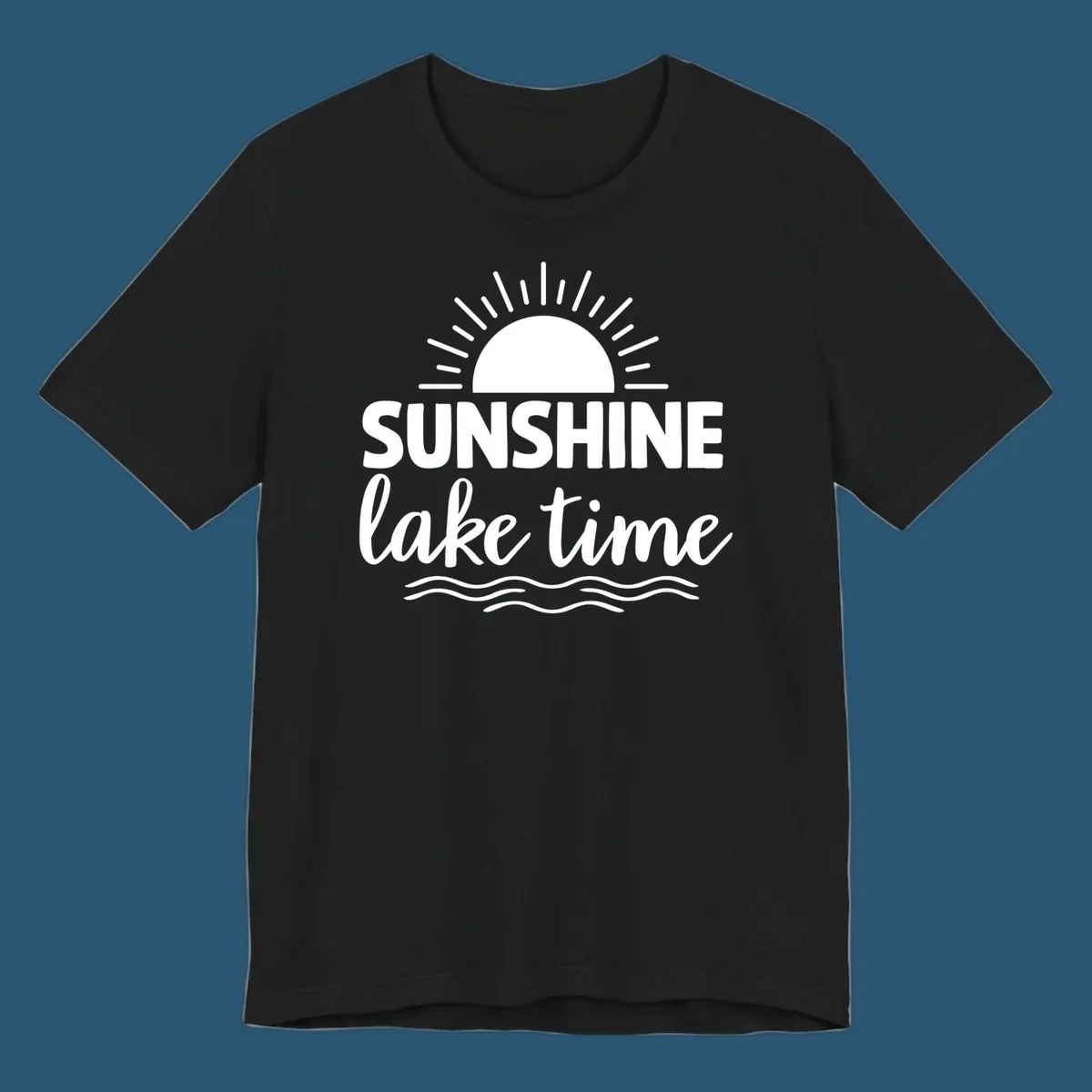 Sunshine lake time graphic with sun, rays, and wavy water.