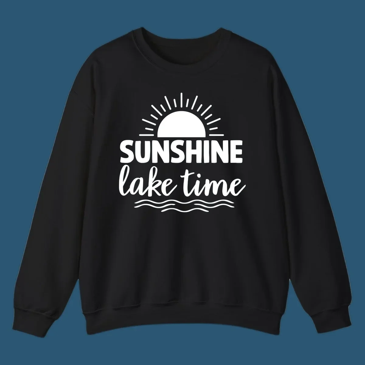 Sunshine lake time graphic with sun, rays, and wavy water.