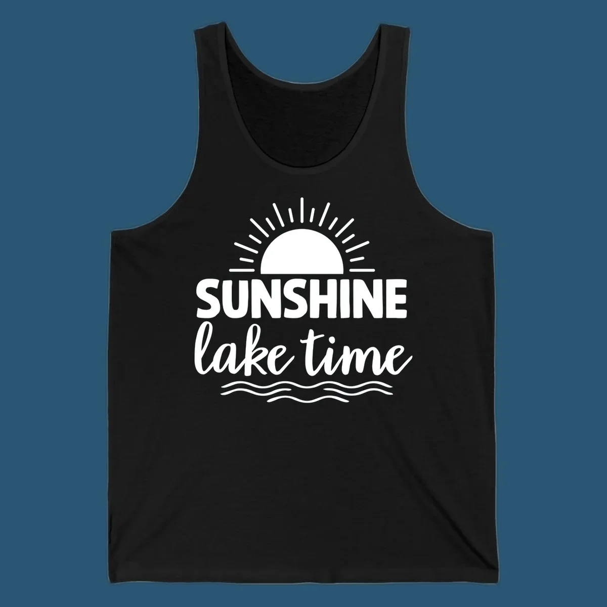 Sunshine lake time graphic with sun, rays, and wavy water.