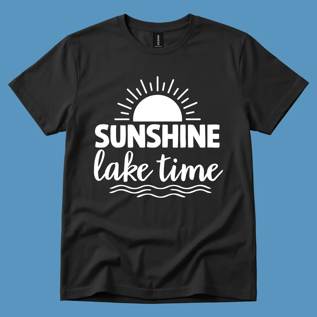 Sunshine lake time graphic with sun, rays, and wavy water.