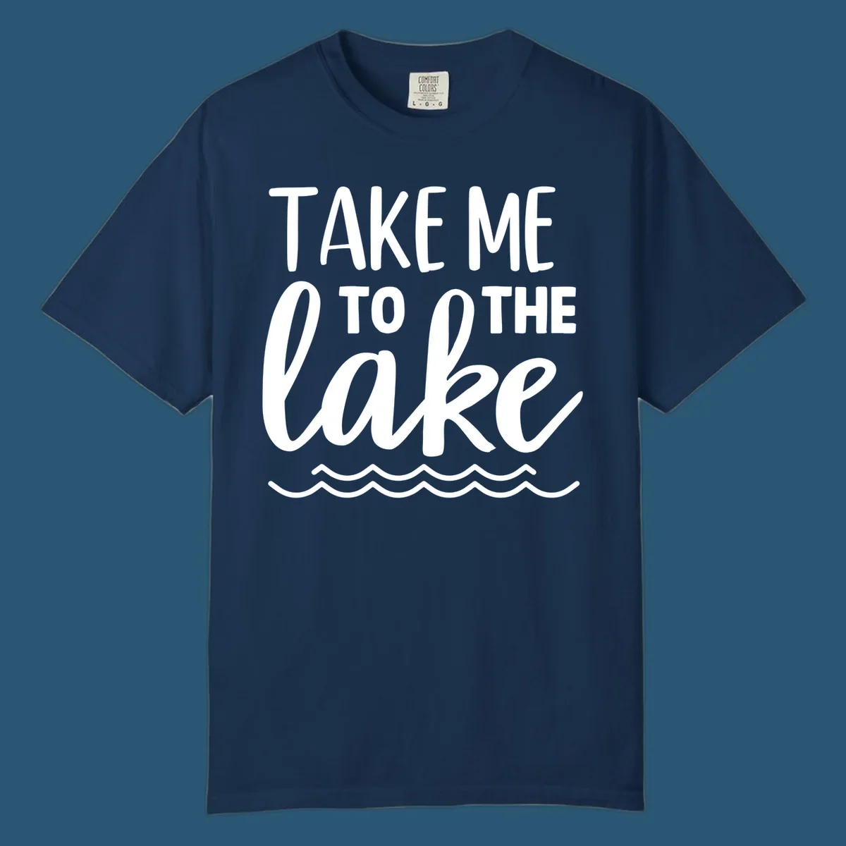 Take me to the lake text design with waves.