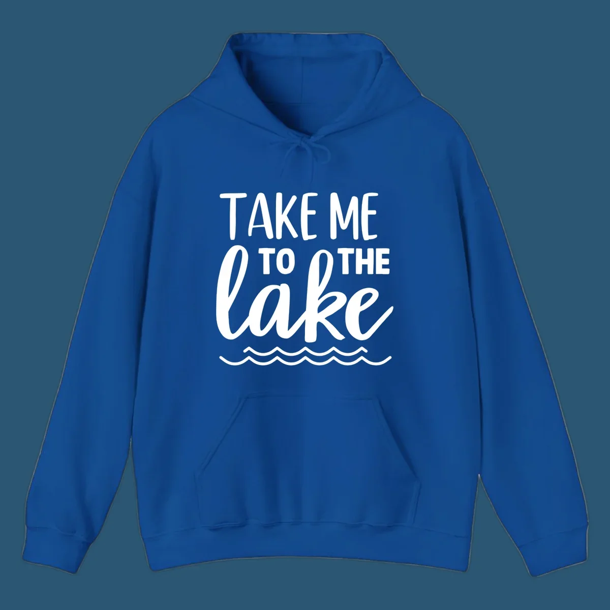 Take me to the lake text design with waves.
