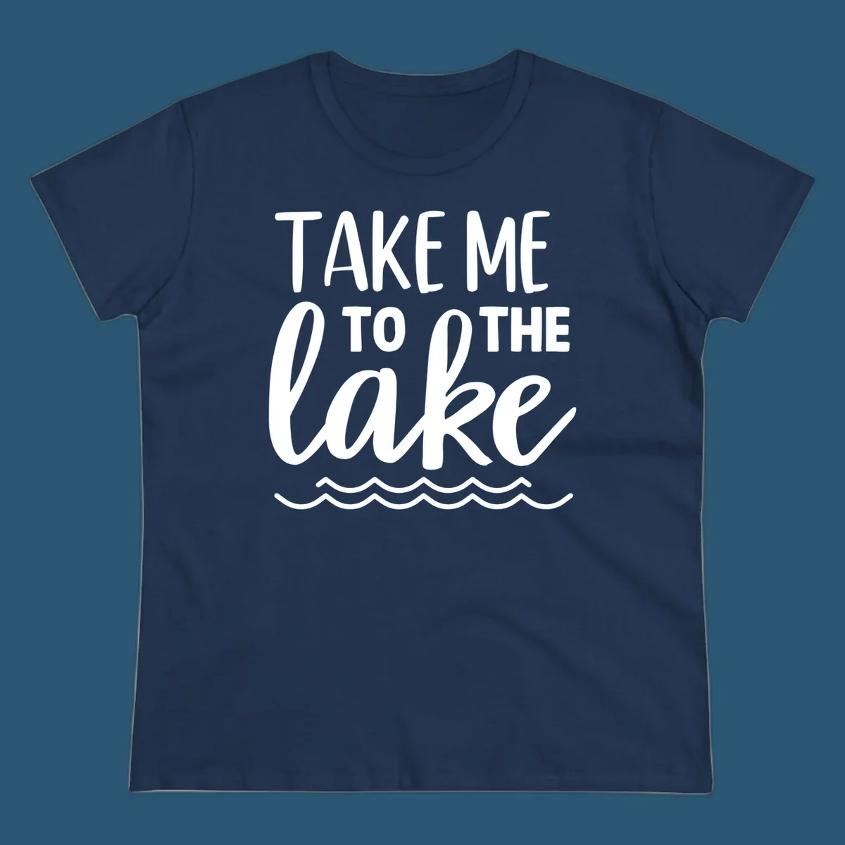 Take me to the lake text design with waves.