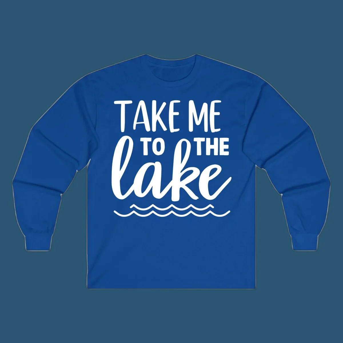 Take me to the lake text design with waves.