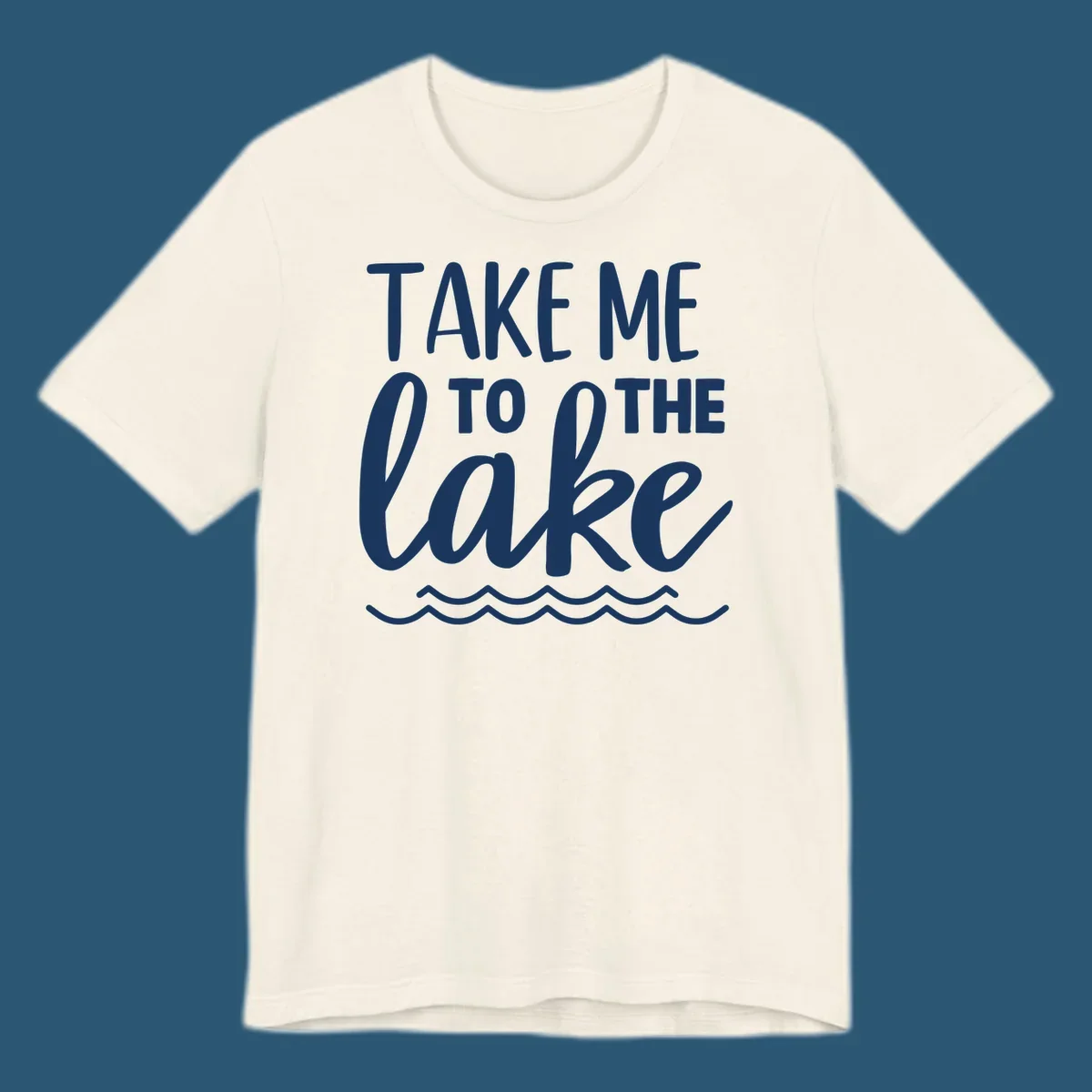 Take me to the lake text design with waves.