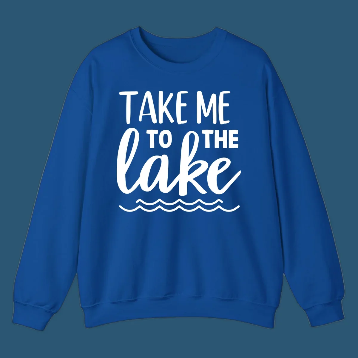 Take me to the lake text design with waves.
