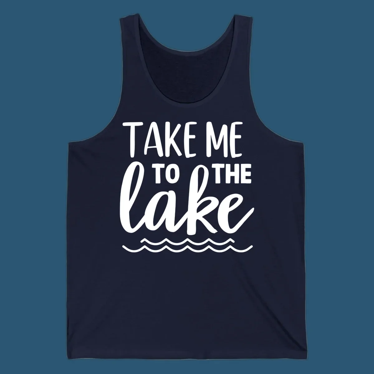 Take me to the lake text design with waves.