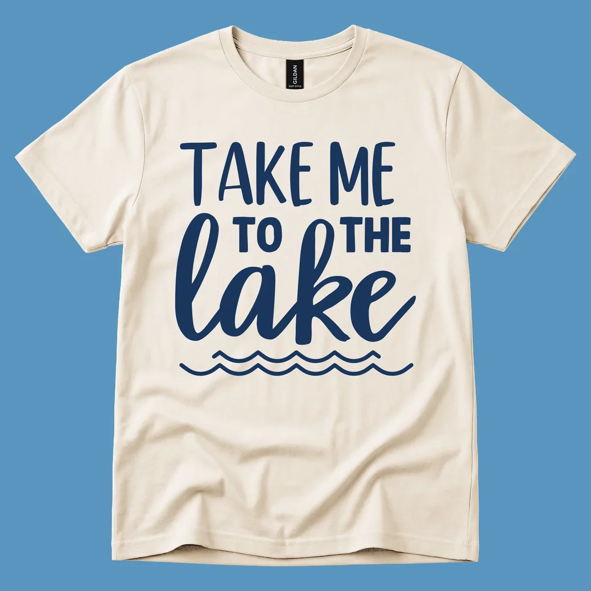 Take me to the lake text design with waves.