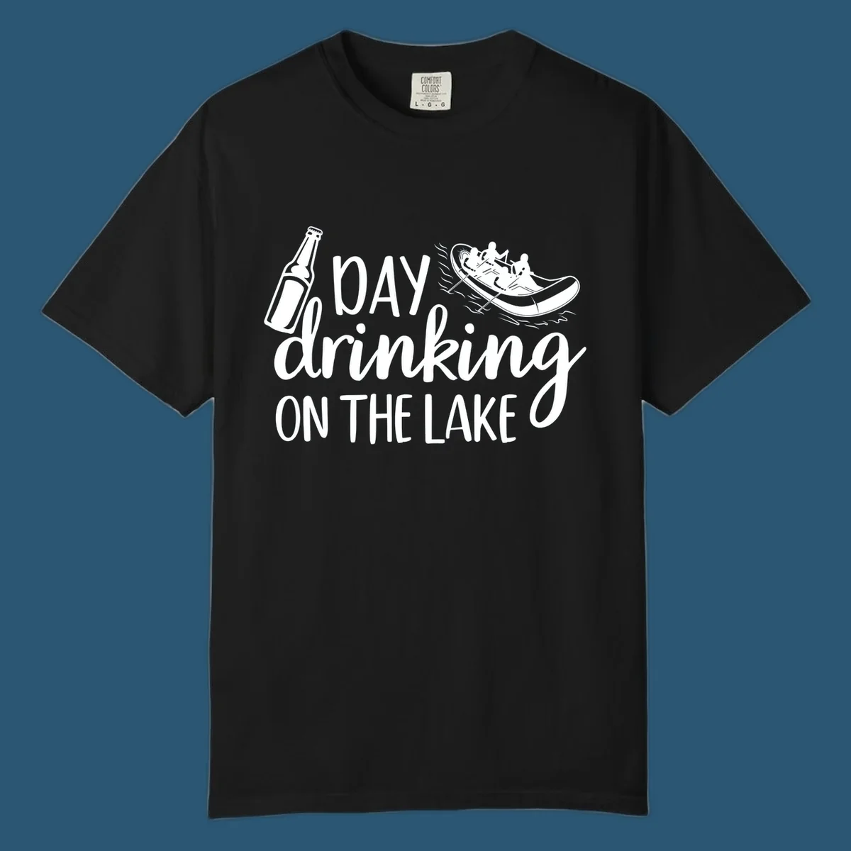 Text "Day Drinking On The Lake" with beer bottle and rafting boat illustration.