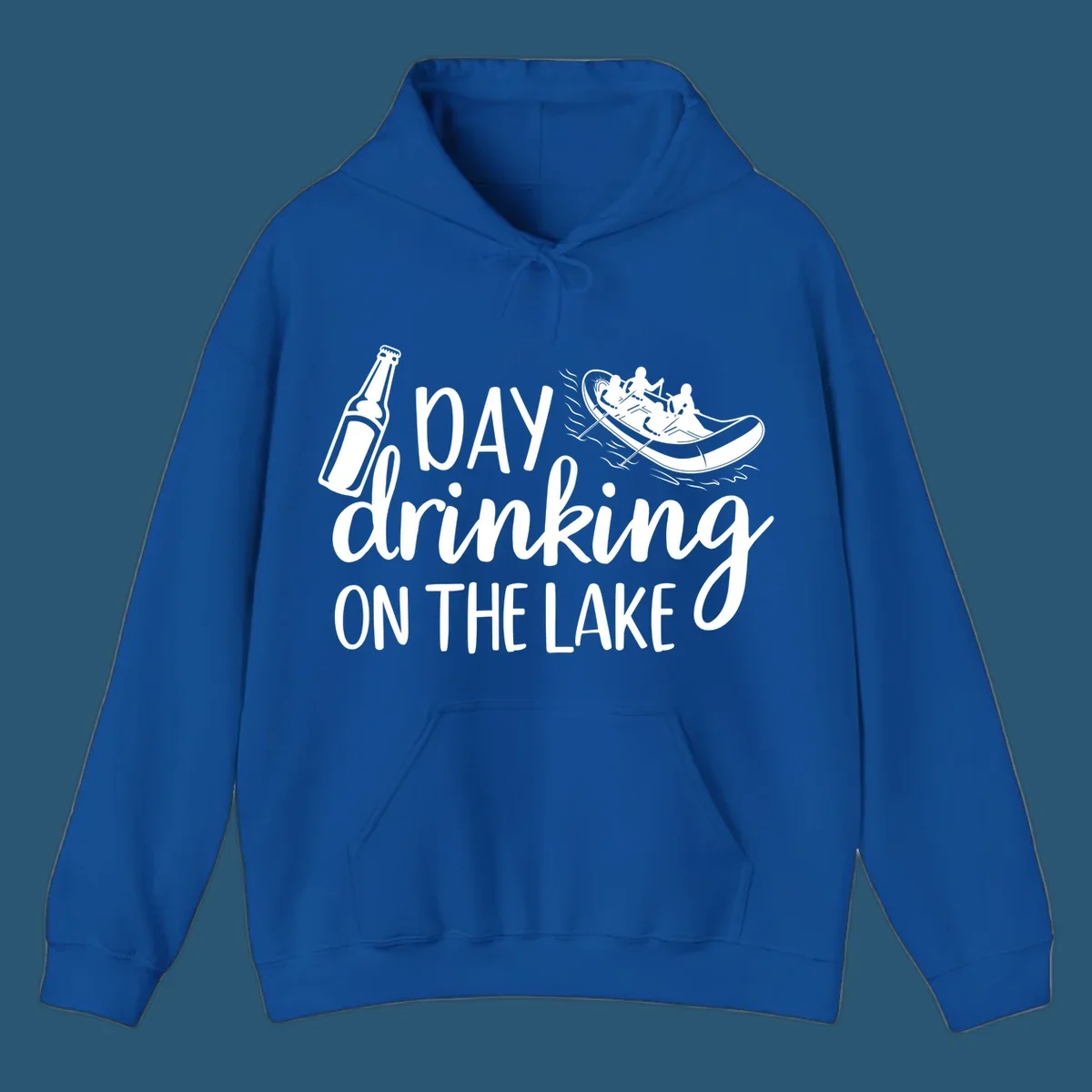 Text "Day Drinking On The Lake" with beer bottle and rafting boat illustration.