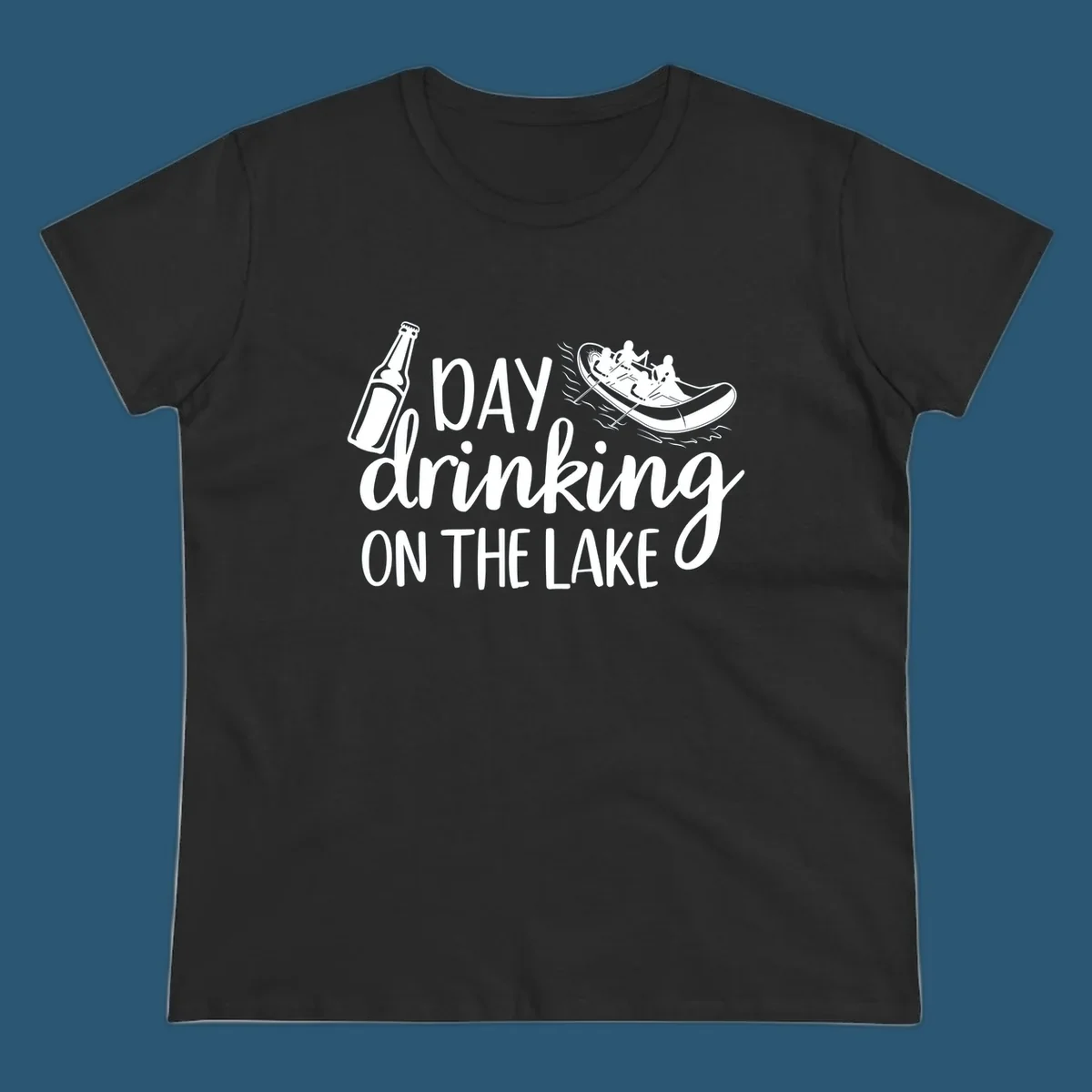 Text "Day Drinking On The Lake" with beer bottle and rafting boat illustration.