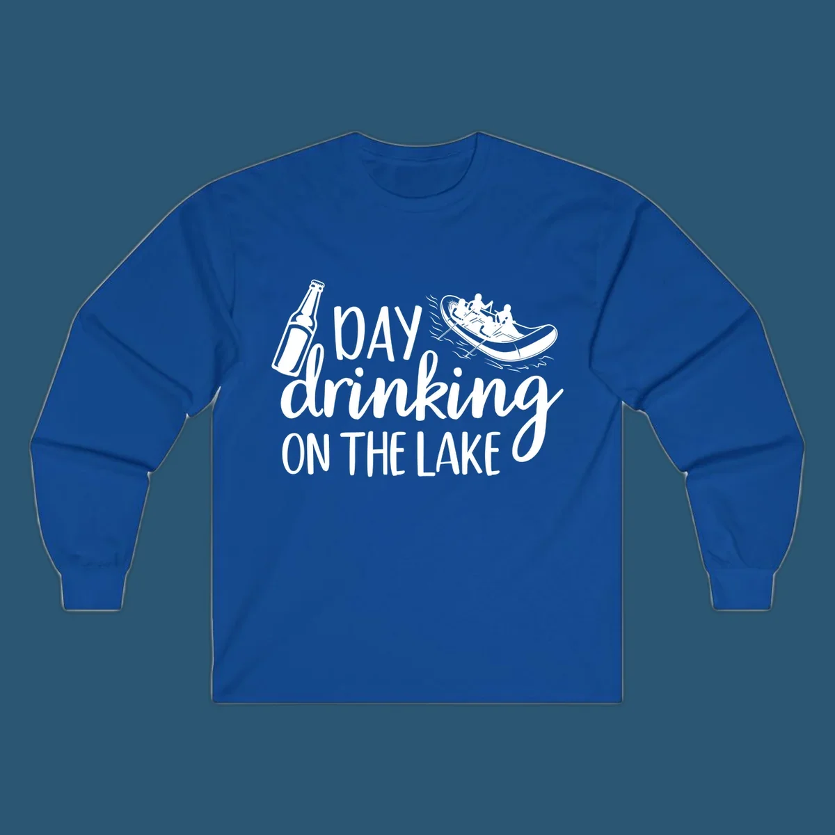 Text "Day Drinking On The Lake" with beer bottle and rafting boat illustration.