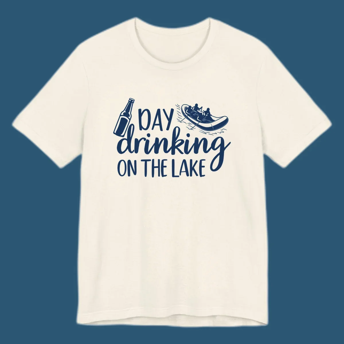 Text "Day Drinking On The Lake" with beer bottle and rafting boat illustration.