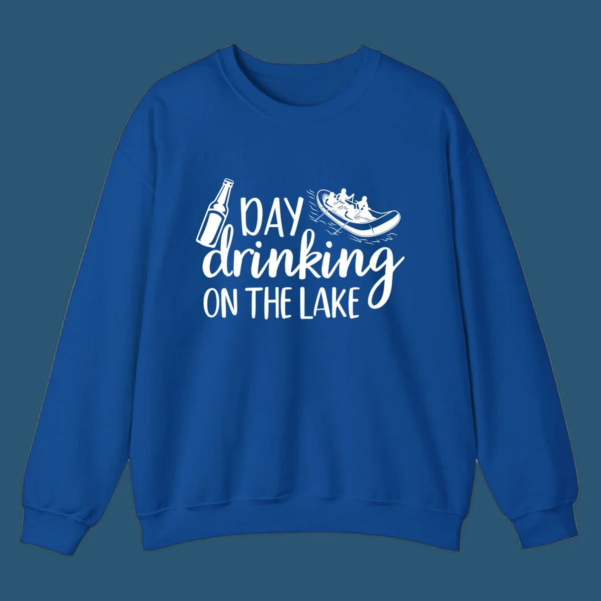 Text "Day Drinking On The Lake" with beer bottle and rafting boat illustration.
