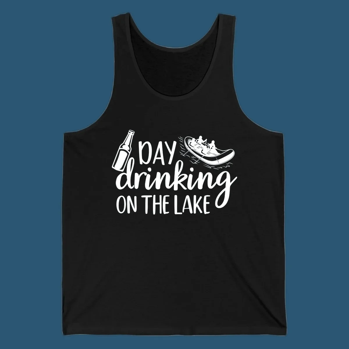 Text "Day Drinking On The Lake" with beer bottle and rafting boat illustration.
