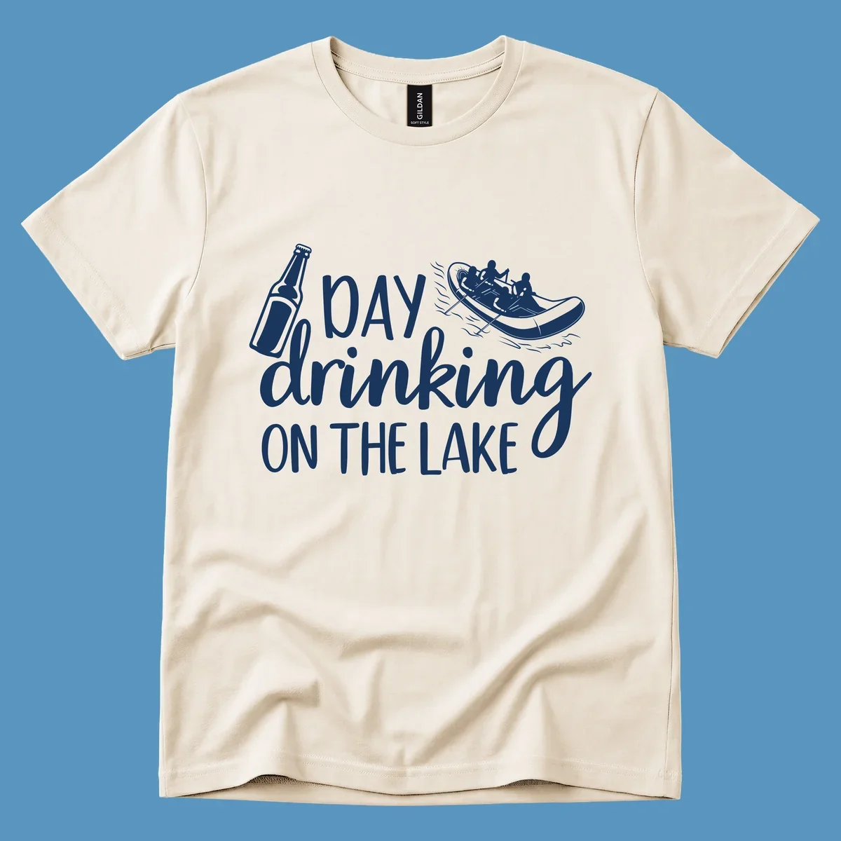 Text "Day Drinking On The Lake" with beer bottle and rafting boat illustration.