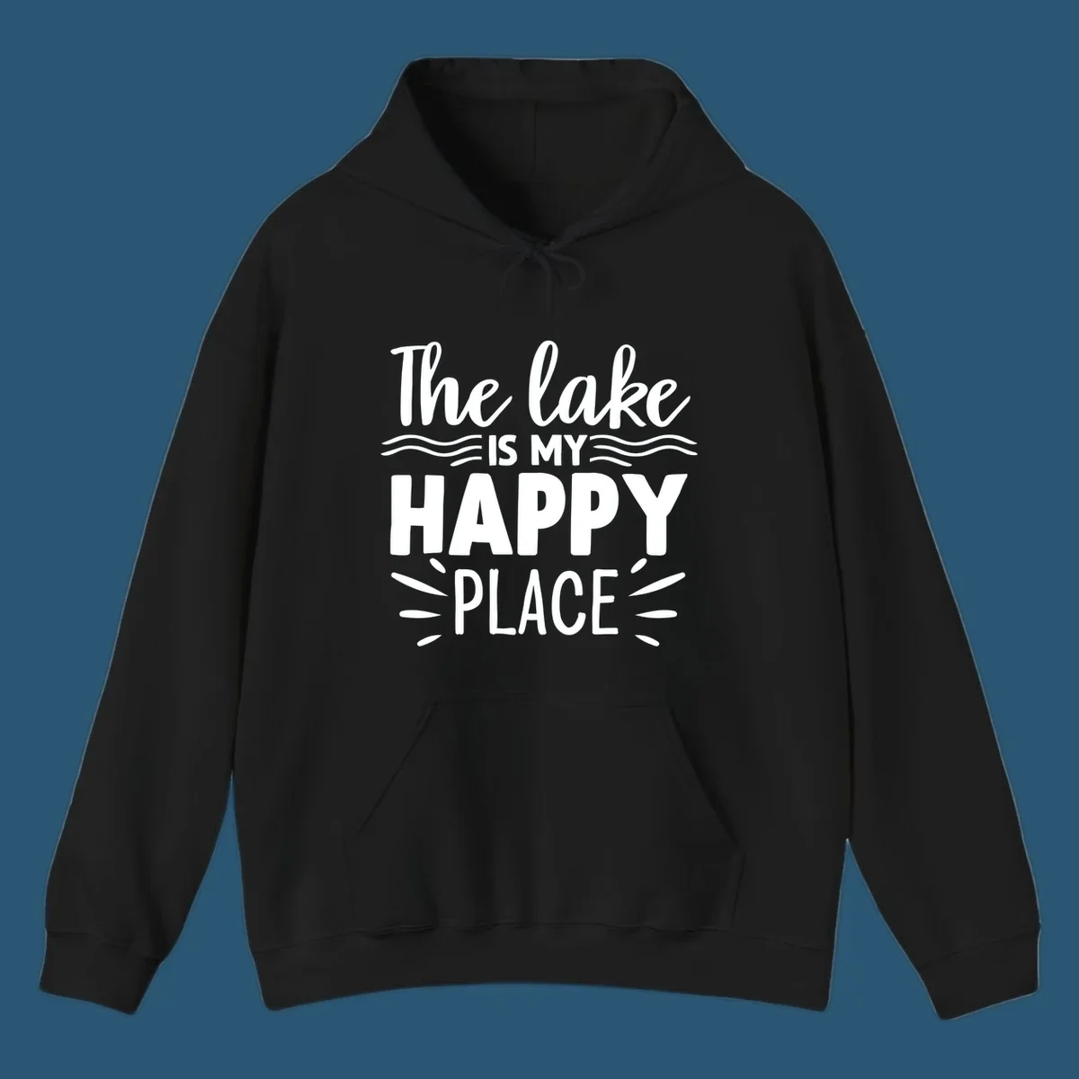 The lake is my happy place text design with wave and sun ray graphics.