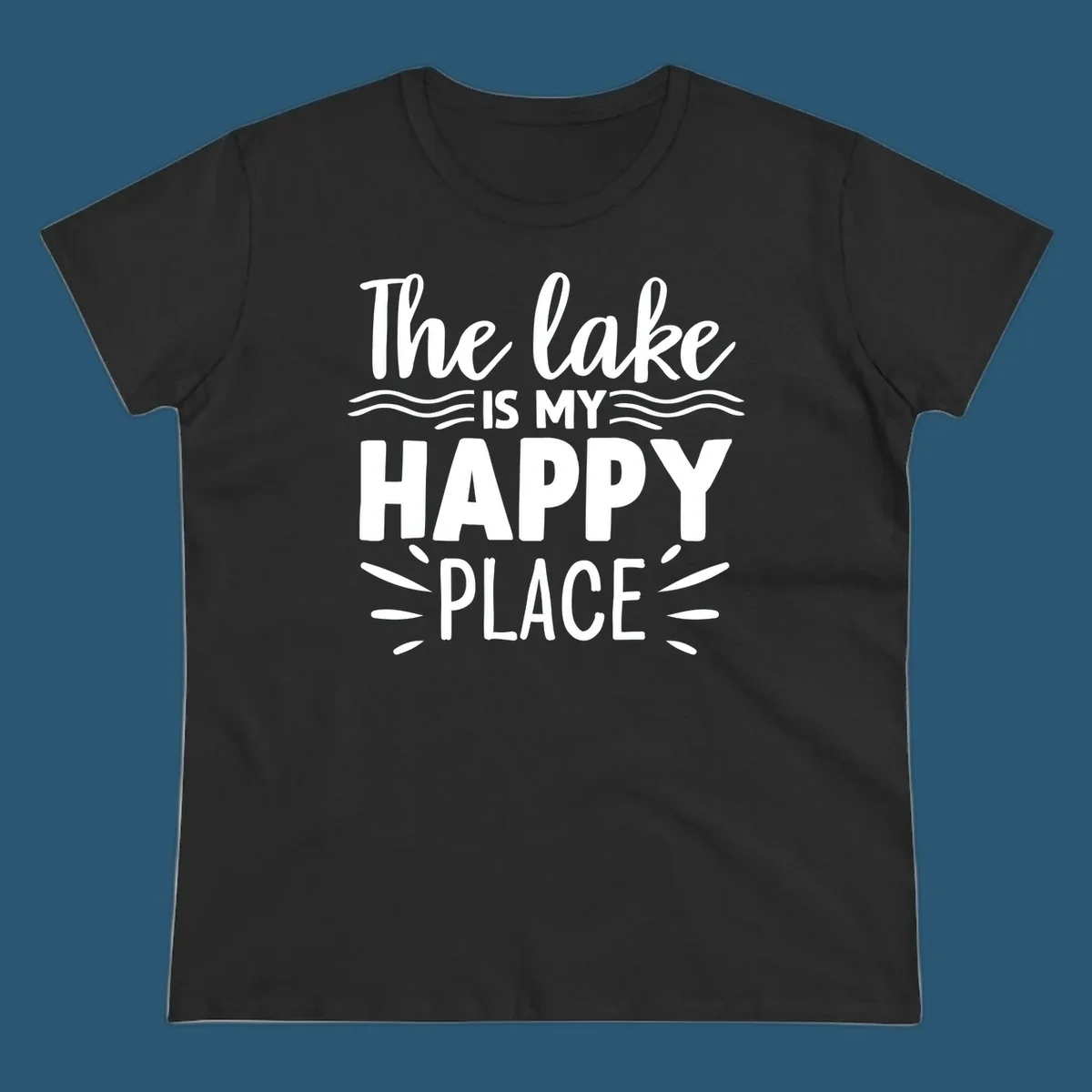 The lake is my happy place text design with wave and sun ray graphics.