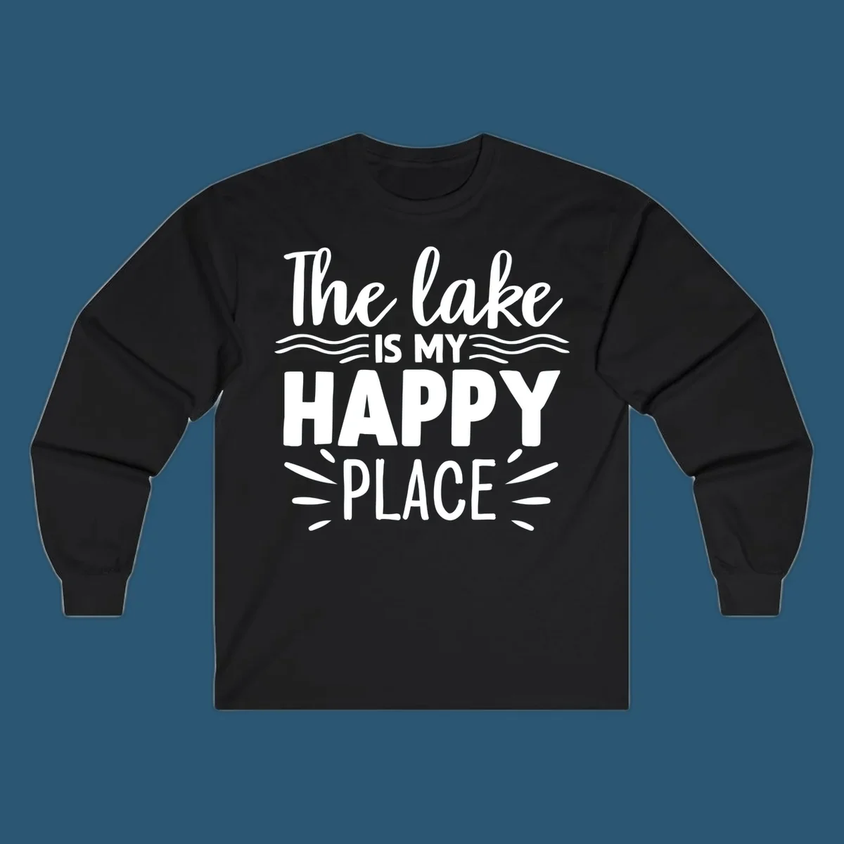 The lake is my happy place text design with wave and sun ray graphics.