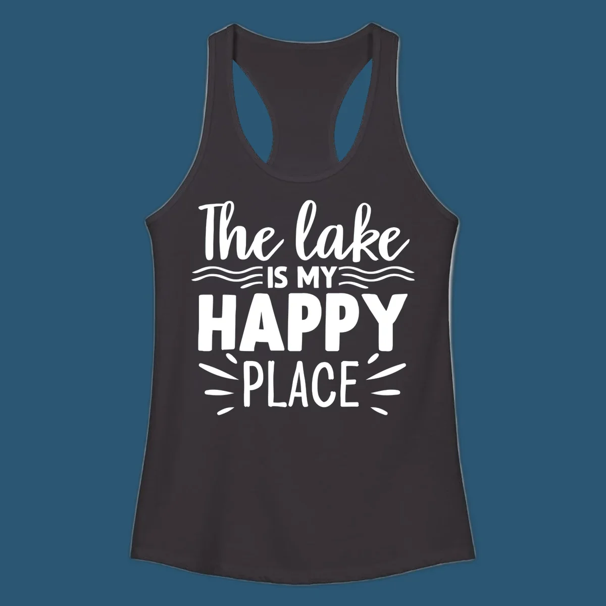 The lake is my happy place text design with wave and sun ray graphics.