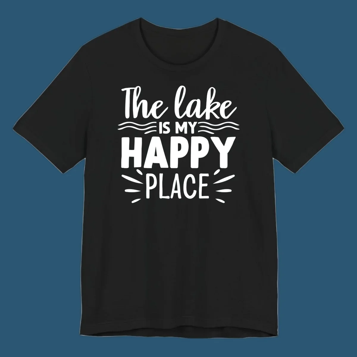 The lake is my happy place text design with wave and sun ray graphics.