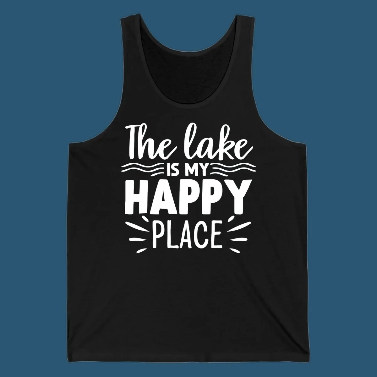 The lake is my happy place text design with wave and sun ray graphics.