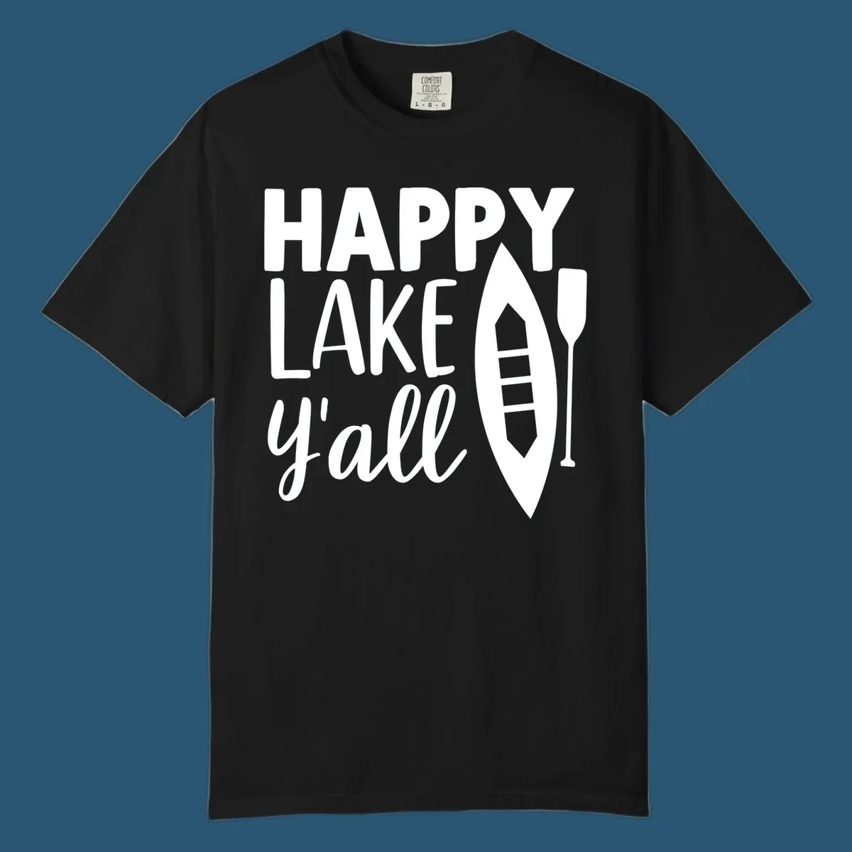 Happy lake y'all text with canoe and paddle graphic.