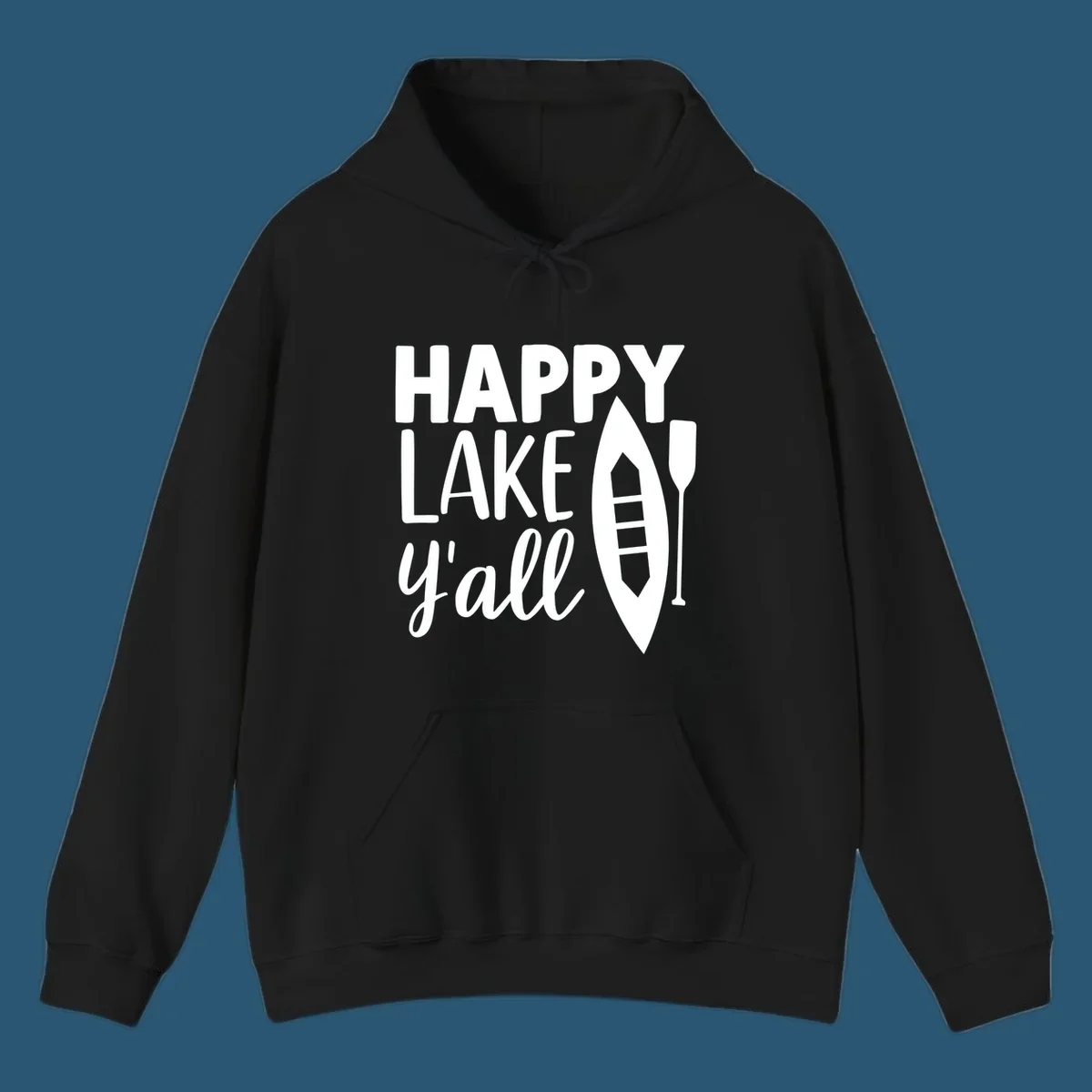 Happy lake y'all text with canoe and paddle graphic.