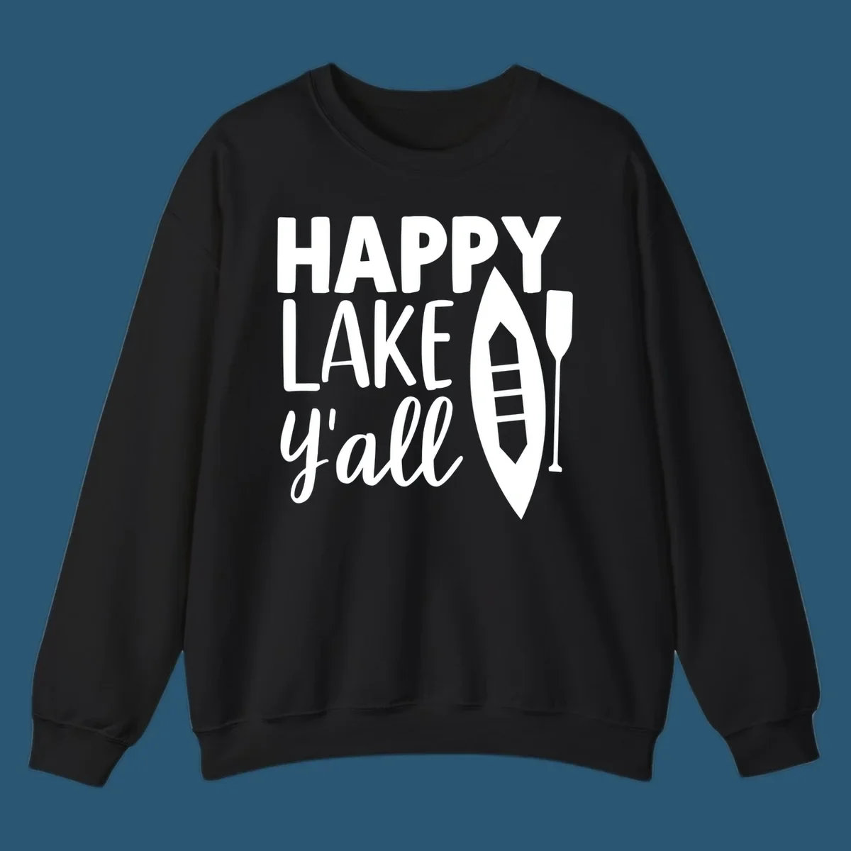 Happy lake y'all text with canoe and paddle graphic.